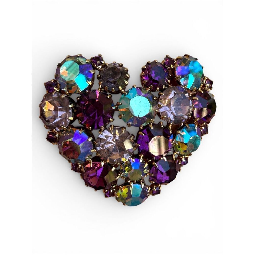Karu Arke Inc Women Vintage Heart Brooch Purple Aurora Crystal Rhinestone
